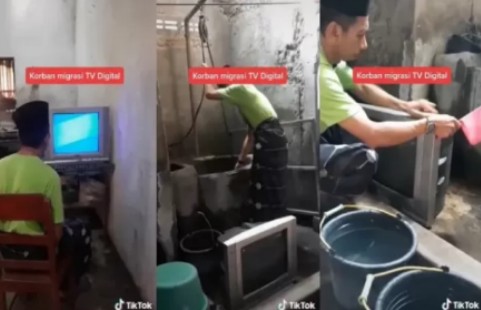 Kesal Siaran TV Analog Dimatikan, Seorang Pria Nekat Mandikan Televisinya Pakai Air Sumur