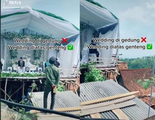 Anti Mainstream! Pernikahan Ini Digelar di Atas Genteng, Netizen: Tamunya Pakai Baling-Baling Bambu