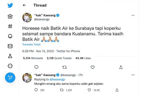 Kaesang Pangarep Terbang Naik Batik Air ke Surabaya, tapi Kopernya Nyasar ke Bandara Kualanamu