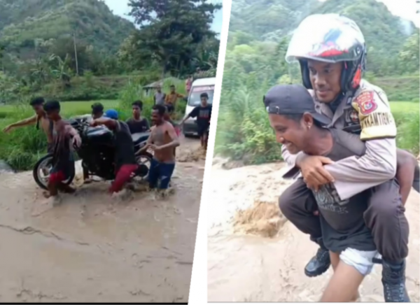 Banjir, Warga Pikul Polisi dan Kendaraan Yang Akan Menyebrang Kali