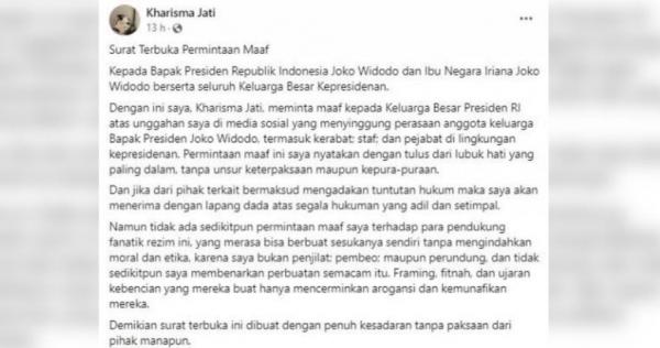 Dituding Menghina Iriana Jokowi, Kharisma Jati Tulis Surat Minta Maaf