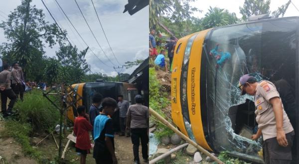 Bus Rombongan Mahasiswa  Untirta Terguling di Tanjakan Jaura, Polisi : 9 Orang Trauma