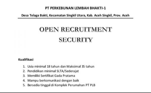 PT PLB Aceh Singkil Open Rekrutmen Security, Ini Syaratnya!