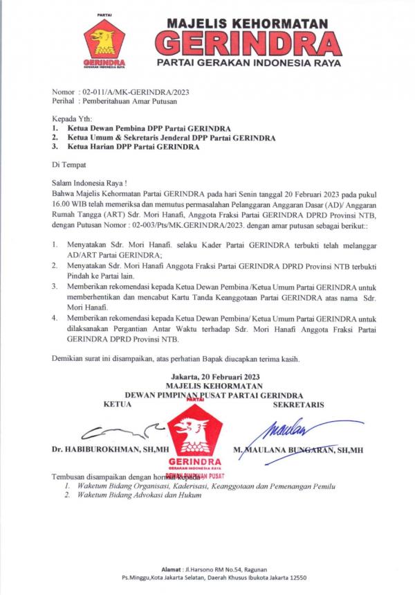 Majelis Kehormatan Partai Gerindra Rekomendasikan Pemecatan Mori Hanafi