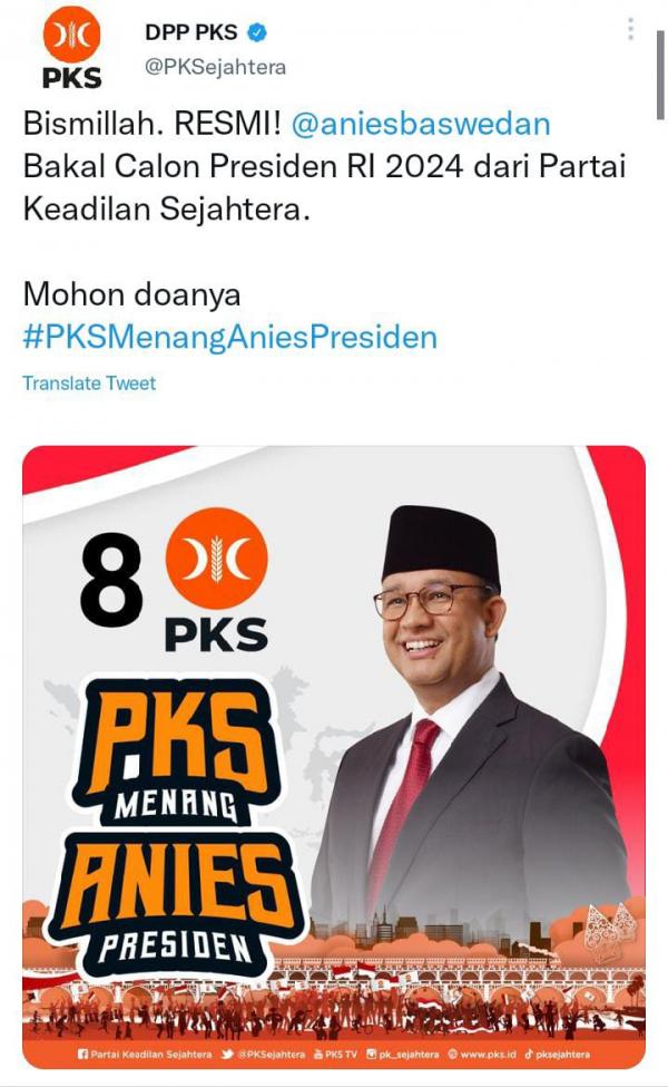 Resmi, PKS Pasang Anies Baswedan jadi Calon Presiden 2024