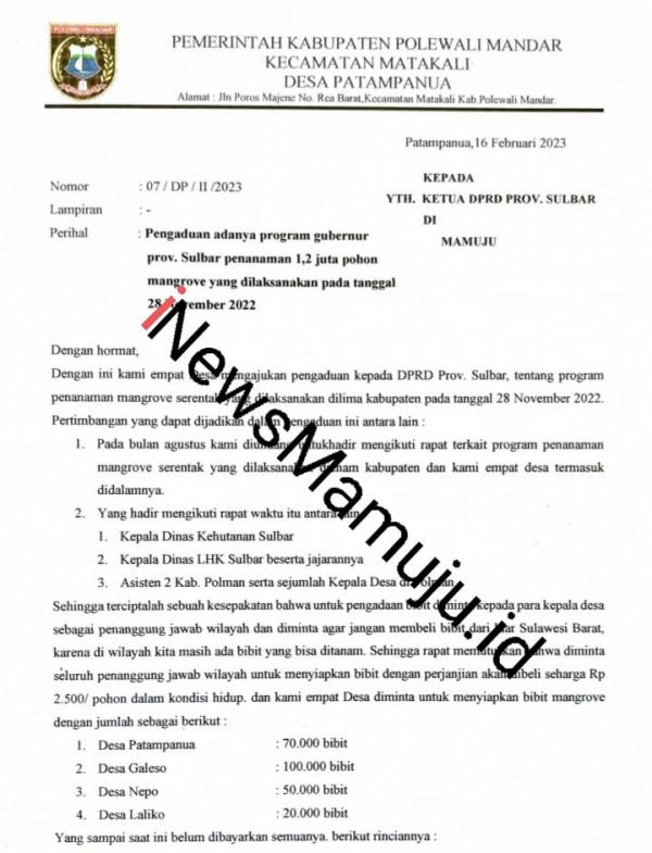 Surat Dilayangkan Ke Dprd Sulbar Perihal Pengaduan Program Penanaman 1