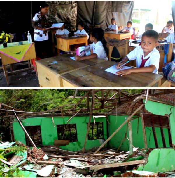 Gedung Sekolah Ambruk  Anak - Anak di Kewar NTT Belajar di Bawah Tenda Darurat