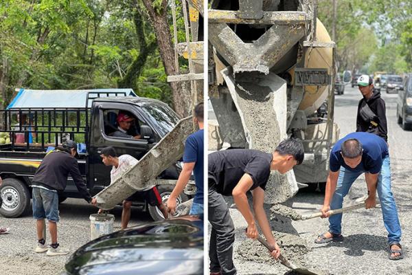 Keren! Pemuda asal Pekanbaru Cor Jalan Rusak Pakai Uang Pribadi