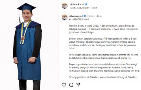 Hari Ini, Ridwan Kamil Mewakili Wisuda Putranya Almarhum Eril : Begini Penjelasannya