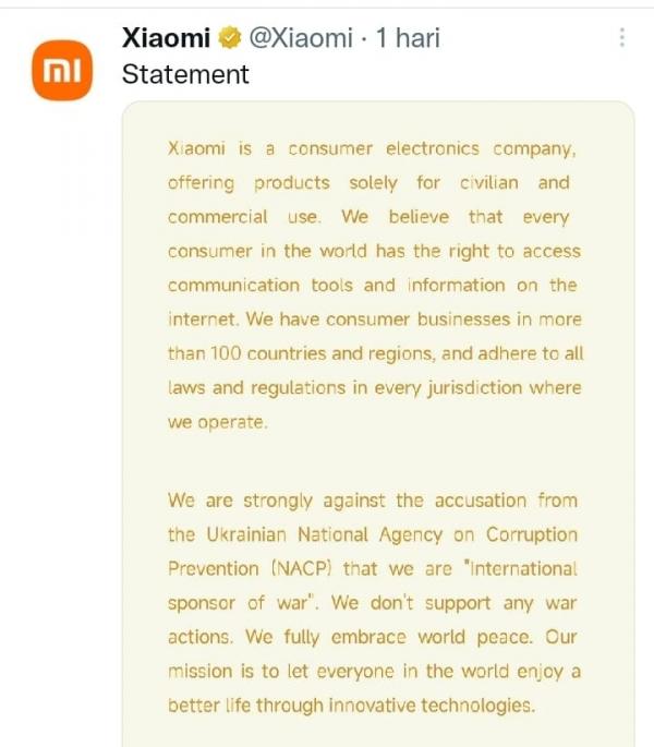 Xiaomi Bantah Pernyataan NACP Soal Sponsor Internasional Perang Rusia