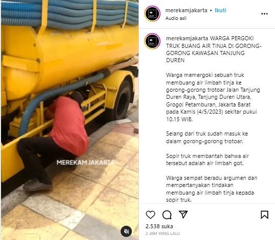Viral, Truk Limbah Tinja Buang Isi Muatan di Gorong-gorong Kawasan Tanjung Duren