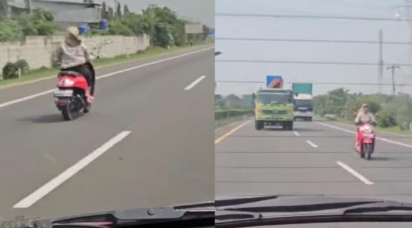 Viral, Emak-emak Naik Motor  Masuk Tol Tangerang-Merak