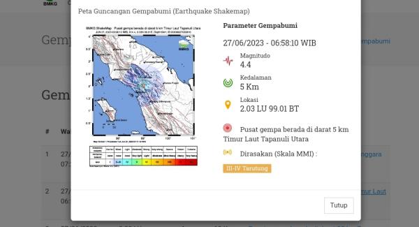 Tapanuli Utara Diguncang Gempa Bumi M 4.4