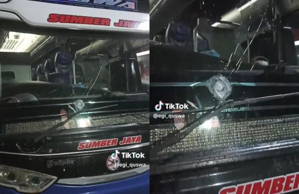 Viral di Medsos, Kaca Bus Sumber Jaya Pecah Dilempar Batu di Jalan Mangin Tasikmalaya