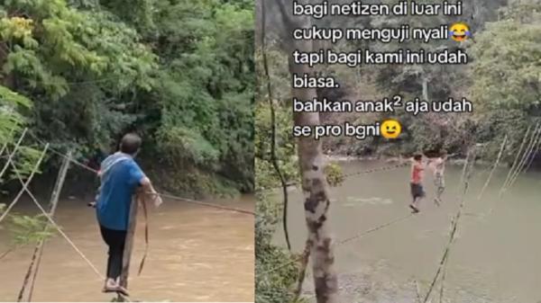 Viral Bapak di Aceh Gendong Bayi Melintasi Jembatan Seutas Tali, Netizen: Ngeri-Ngeri Sedap