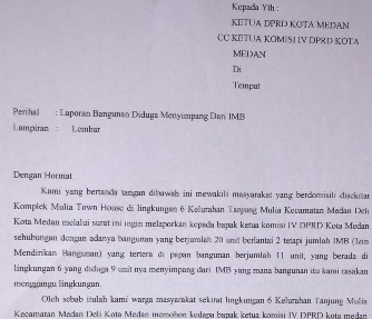 Masyarakat Surati DPRD Medan Diduga Perumahan Mulia Town House Menyimpang Dari IMB