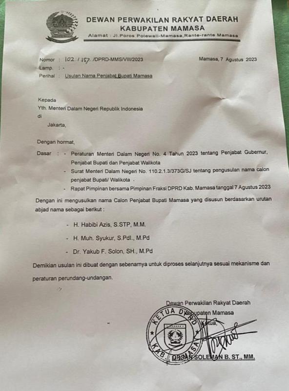 Tidak Ada Nama Ardiansyah di Usulan DPRD Mamasa untuk Pejabat Bupati Mamasa, Pemprov Ada?