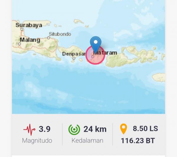 Pusat Gempa Bumi M 3,9 di Lombok Utara, Dirasakan di Empat Kabupaten di NTB