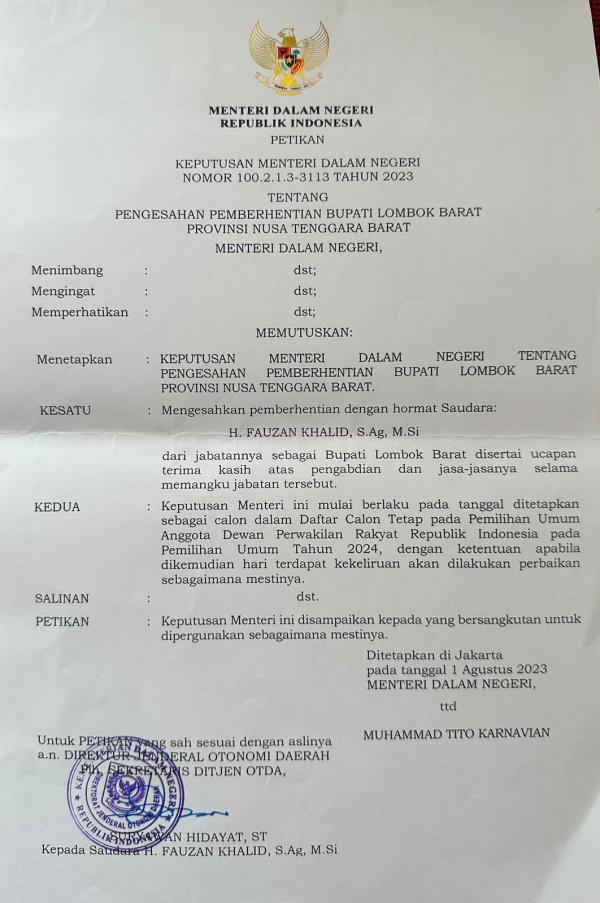 Mendagri Resmi Berhentikan Bupati Lombok Barat karena Nyaleg, Berlaku setelah DCT 11 Oktober 2023
