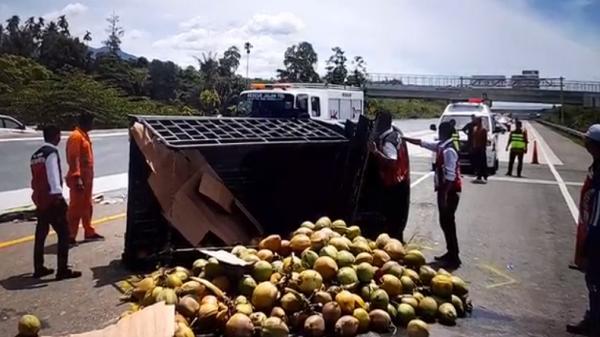 Angkut Kelapa Muda, Mobil Pikap Alami Pecah Ban di Jalan Tol Aceh hingga Terguling