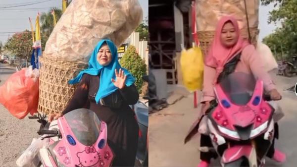 Keren, Emak-Emak Jualan Kerupuk Pakai Motor Sport Pink Hello Kitty