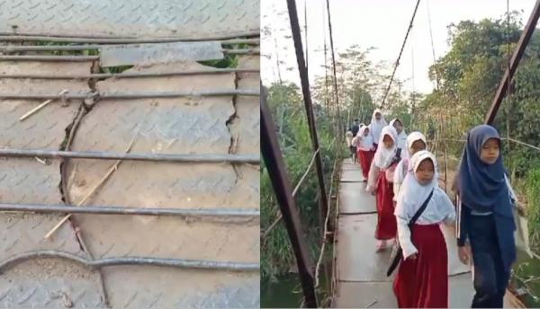 Ngeri! Jembatan Gantung di Lebak Rawan Ambruk Selalu Dilintasi Pelajar