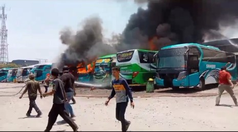 5 Bus di PO Sahabat Cirebon Hangus Terbakar, Damkar Berjibaku Padamkan Api