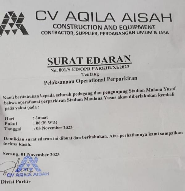 Pedagang Kaki Lima Mengeluh, Parkir di Stadion Maulana Yusuf kota Serang Kembali Diberlakukan