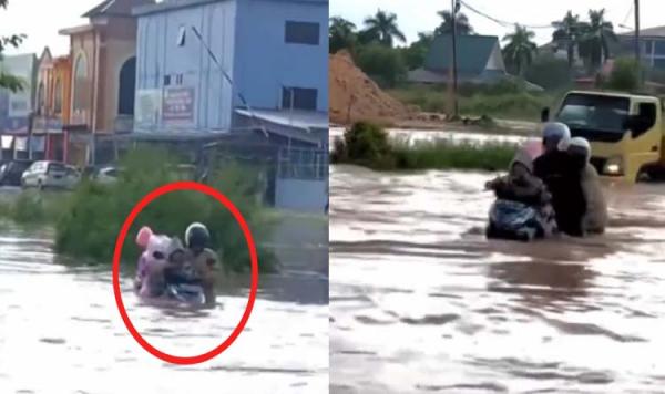 Viral Aksi Heroik Pria Selamatkan Ibu-Anak yang Terjebak Banjir, Rela Motornya Sendiri Tenggelam