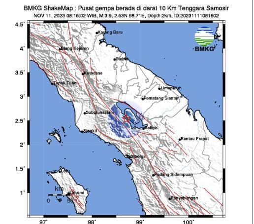 Gempa Bumi Tektonik M3.9 Guncang Kabupaten Samosir, BMKG Imbau Warga Tetap Tenang