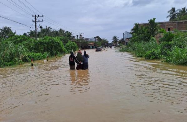 Banjir Luapan Sungai, Badan Jalan Lintas Penghubung Aceh Selatan - Sumatera Utara Terendam