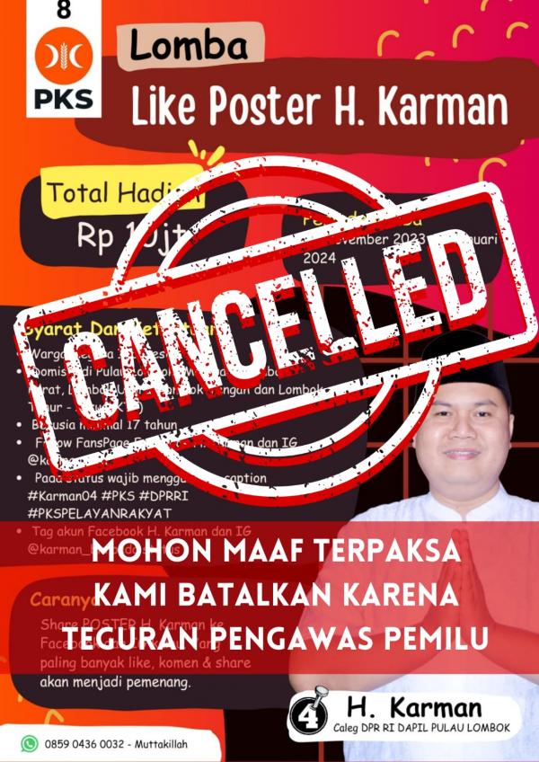 Hargai Teguran Bawaslu, Karman PKS Batalkan Lomba Poster Berhadiah Jutaan Rupiah