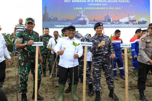 Meminimalisir Abrasi Pantai Pj Bupati Aceh Utara Bersama Dan LANAL Tanam Ribuan Pohon