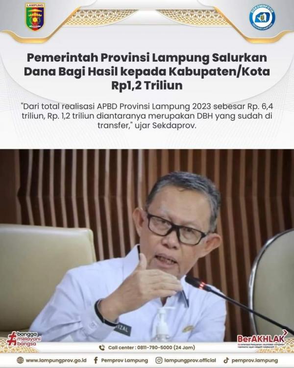 Hingga Desember 2023, Pemprov Lampung Salurkan Dana Bagi Hasil ke Kabupaten dan Kota Rp1,2 Triliun