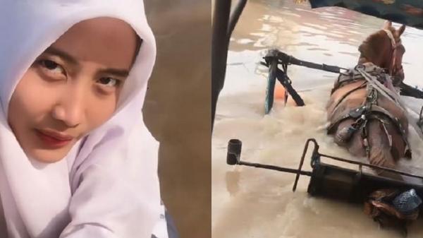 Perjuangan Siswi SMA Nekat Terjang Banjir Naik Delman demi Sekolah Viral di Medsos