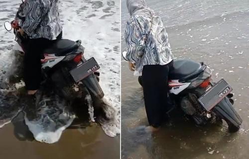 Viral Emak-emak Nekat Bawa Motor ke Tepi Pantai demi Foto Estetik Malah Berakhir Panik