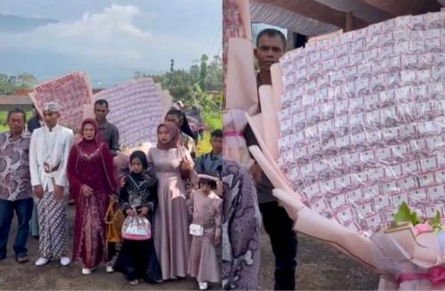 Unik dan Mewah Pengantin Pria Beri Seserahan Buket Uang Jumbo, Netizen: Sholawatin Dulu Aja