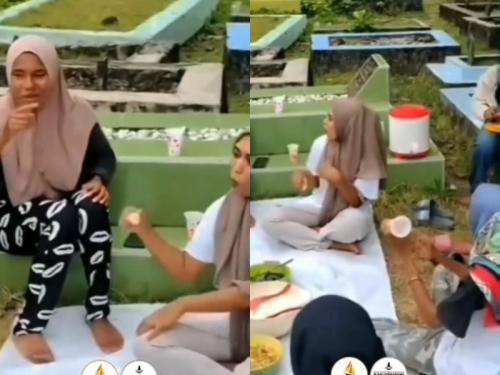 Aksi Ibu-Ibu Ini Piknik di Kuburan Hingga Video Viral di Medsos,Gelar Tikar Sambil Joget Putar Musik