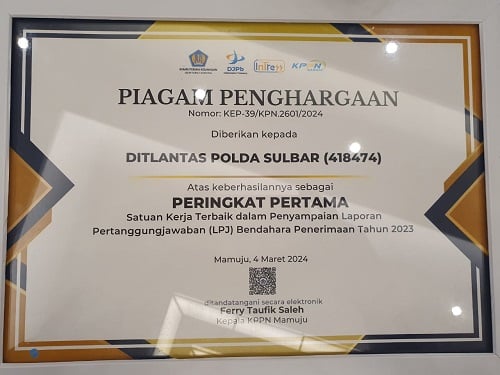Ditlantas Polda Sulbar Raih Peringkat Pertama Satuan Kerja Terbaik dari KPPN Mamuju 
