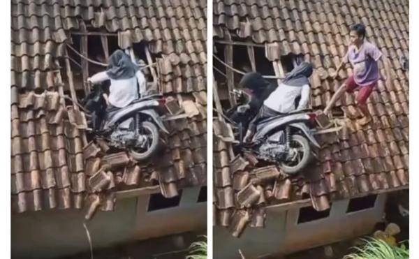 Viral Niat Ngabuburit, Dua Remaja SD ini Malah Tersangkut bersama Motornya di Atap Rumah Warga