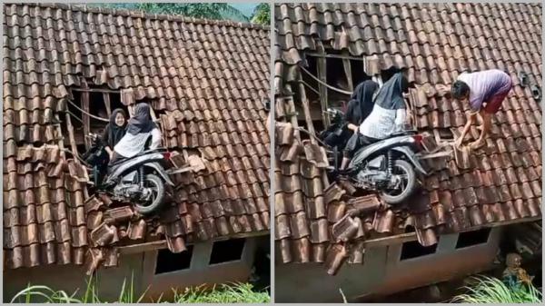 Viral! Motor yang Ditumpangi 2 Siswi SD Nyangkut di Atap Rumah di Tasikmalaya