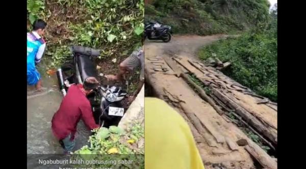 Viral di Medsos! Pemotor Jatuh ke Sungai Diduga Akibat Jembatan Kayu Licin