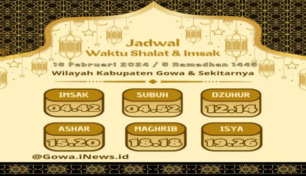 Jadwal Waktu Shalat dan Imsakiyah 5 Ramadhan 1445 H, di Gowa dan Sekitarnya