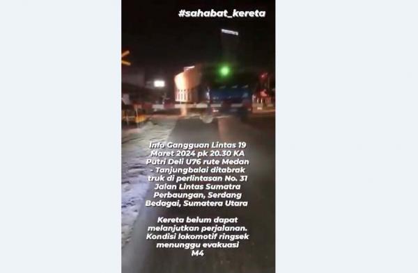 PT KAI Bakal Tuntut Pemilik Truk yang Tertabrak Kereta di Serdangbedagai