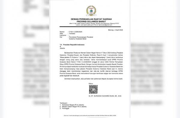 Viral, Surat DPRD Sulbar Tolak Perpanjangan Jabatan PJ Gubernur Prof Zudan Arif Fakrulloh