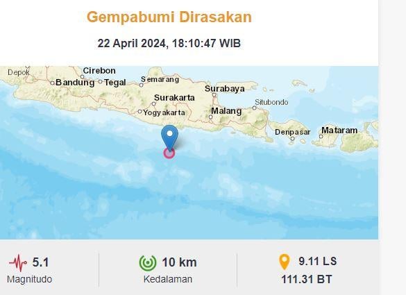 Gempa Terkini M5,1 Guncang Pacitan, Pusat di Laut Kedalaman 10 Km