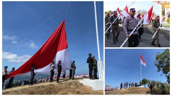 Bendera Merah Putih Raksasa Dikibarkan TNI dan Polri di Puncak Bukit Kezimara