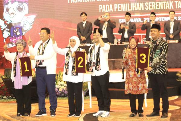 Paslon Pilgub Jatim 2024 dapat Nomor Urut, Luluk-Lukmanul 1, Khofifah-Emil 2, Risma-Gus Hans 3