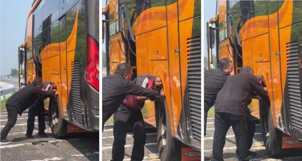 Viral! Kepala Kru Bus Terjepit Ban di Jalan Tol, Mau Ketawa Takut Dosa!