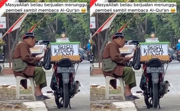 Viral! Sambil Tunggu Pembeli, Penjual Susu Kedelai Baca Alquran bikin Haru